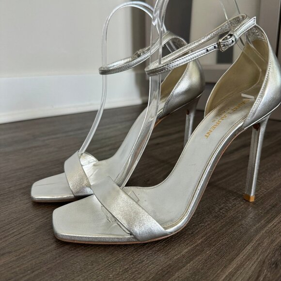 Saint Laurent Jane 105 Sandals Silver Foil Leather Open Toe Stiletto Heel - Picture 3 of 7